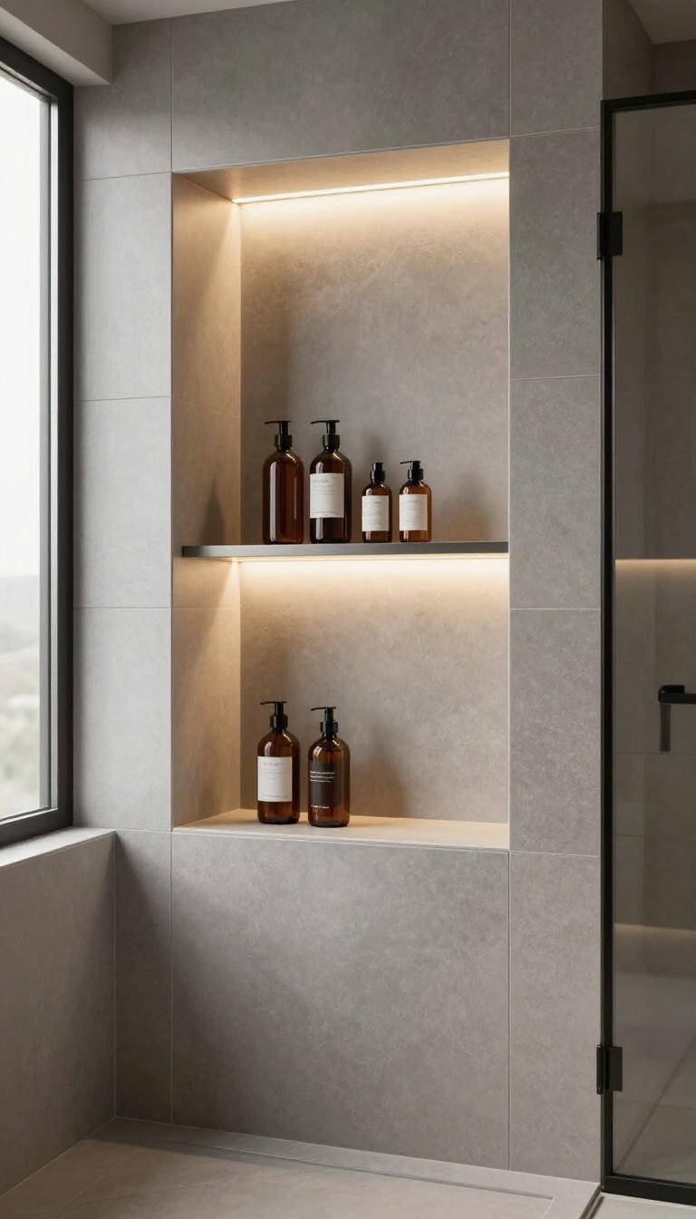 Modern shower niche with warm LED strip lighting glowing along the top edge and back wall, holding amber glass bottles against dark gray tile in a spa-like bathroom