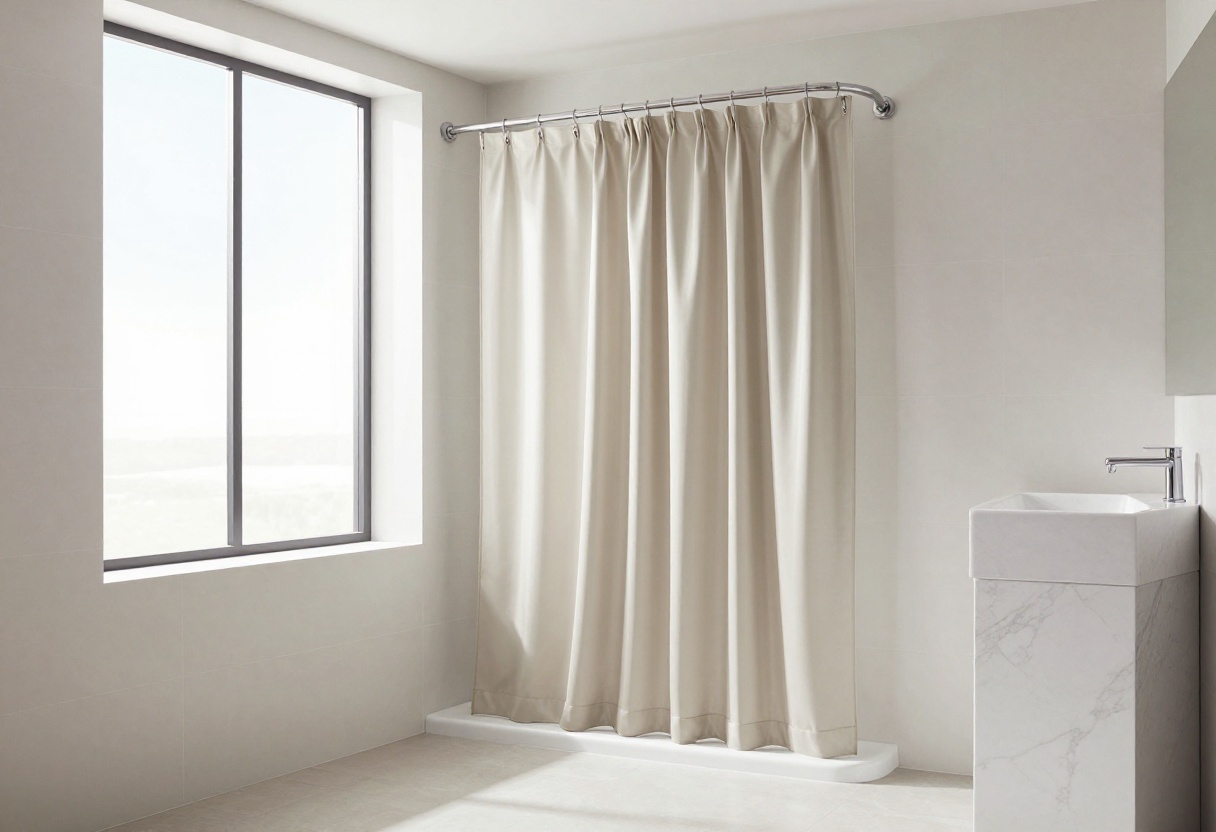 Elegant bathroom with a textured shower curtain in a refined, relaxed setting.