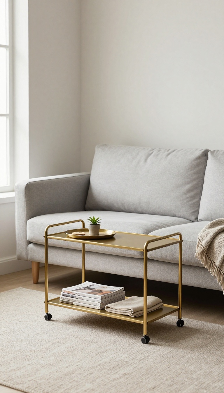 Slim rolling bar cart styled as a mobile side table beside a sofa in a small bright living room