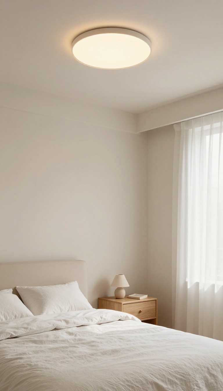 Small square bedroom with a low-profile flush-mount ceiling light and bright natural light