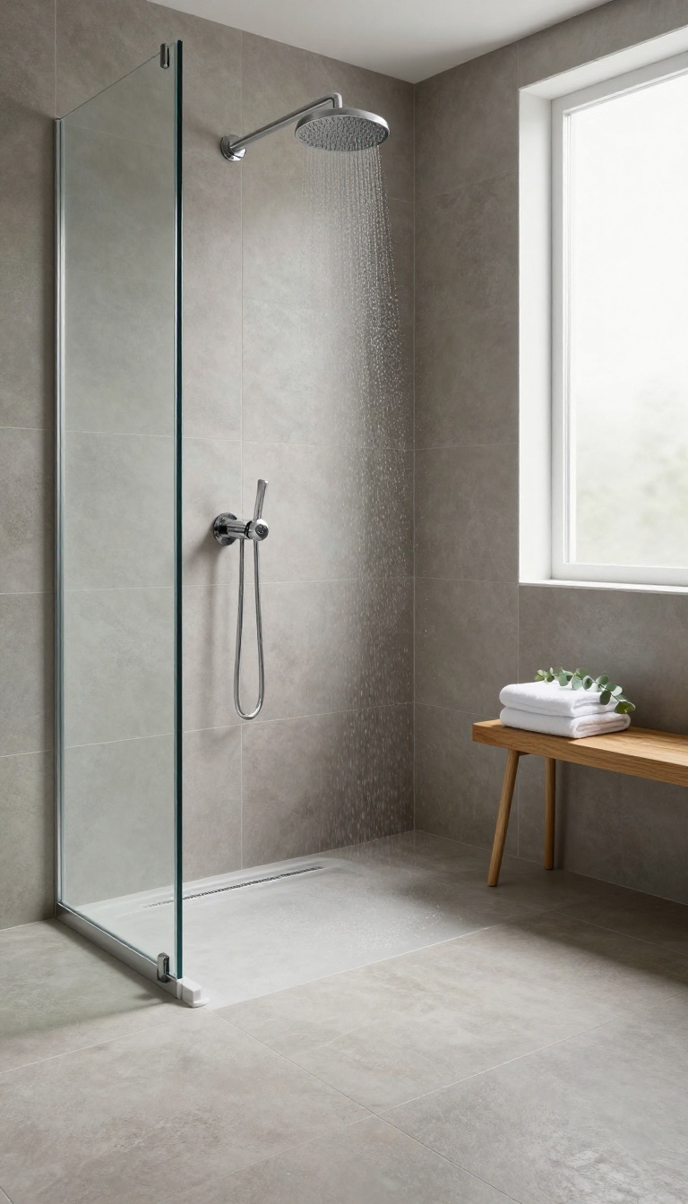 Bright modern shower stall with large matte gray porcelain tiles, glass door, and chrome rainfall showerhead in natural light