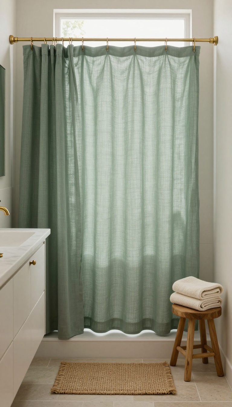 Minimalist bathroom with a solid sage green linen shower curtain, brass fixtures, marble counter, and woven bath mat in soft natural light
