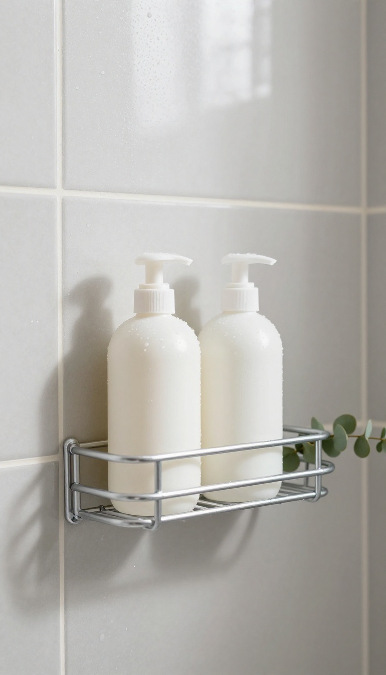Low-profile shower floor rack holding large shampoo and body wash bottles upright on a clean tiled shower floor in bright natural light