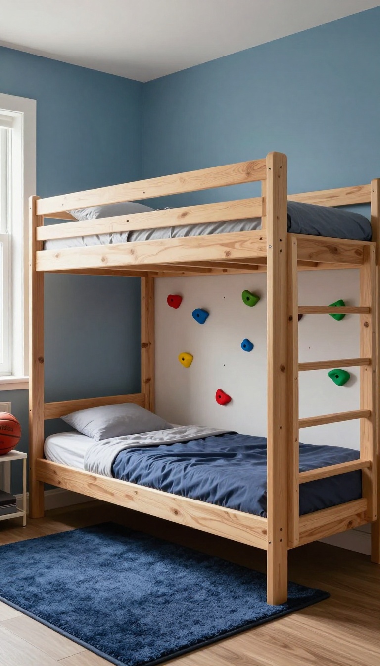 Boys loft bed with a colorful indoor climbing wall mounted on the side and a safety mat underneath in a bright bedroom