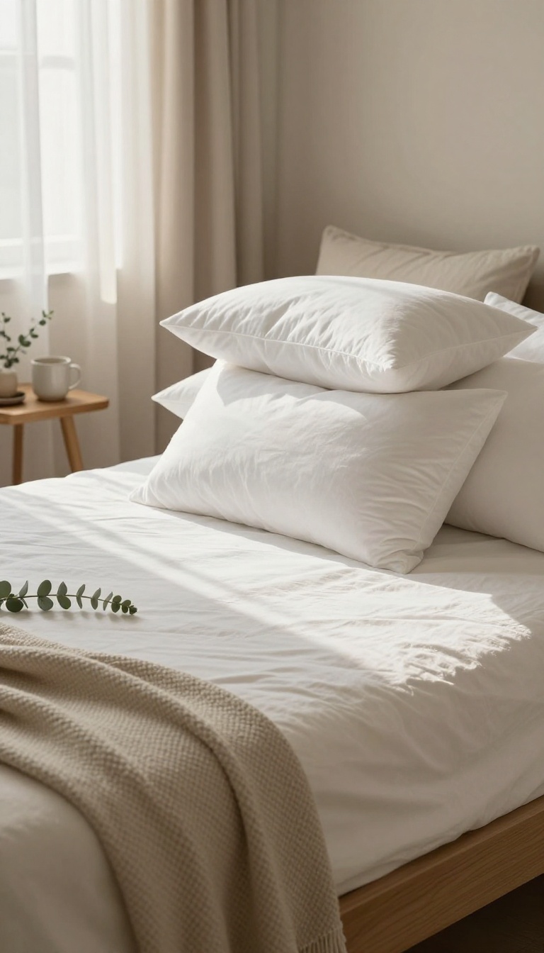 Calm spa-style bedroom with a neatly made bed, layered white pillows, and bright natural light