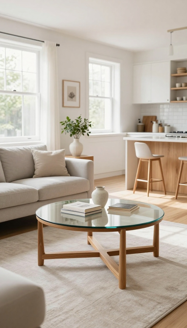Round glass coffee table with slim wood frame in a small open-plan living room and kitchen, bright natural light and clear walkway around the table