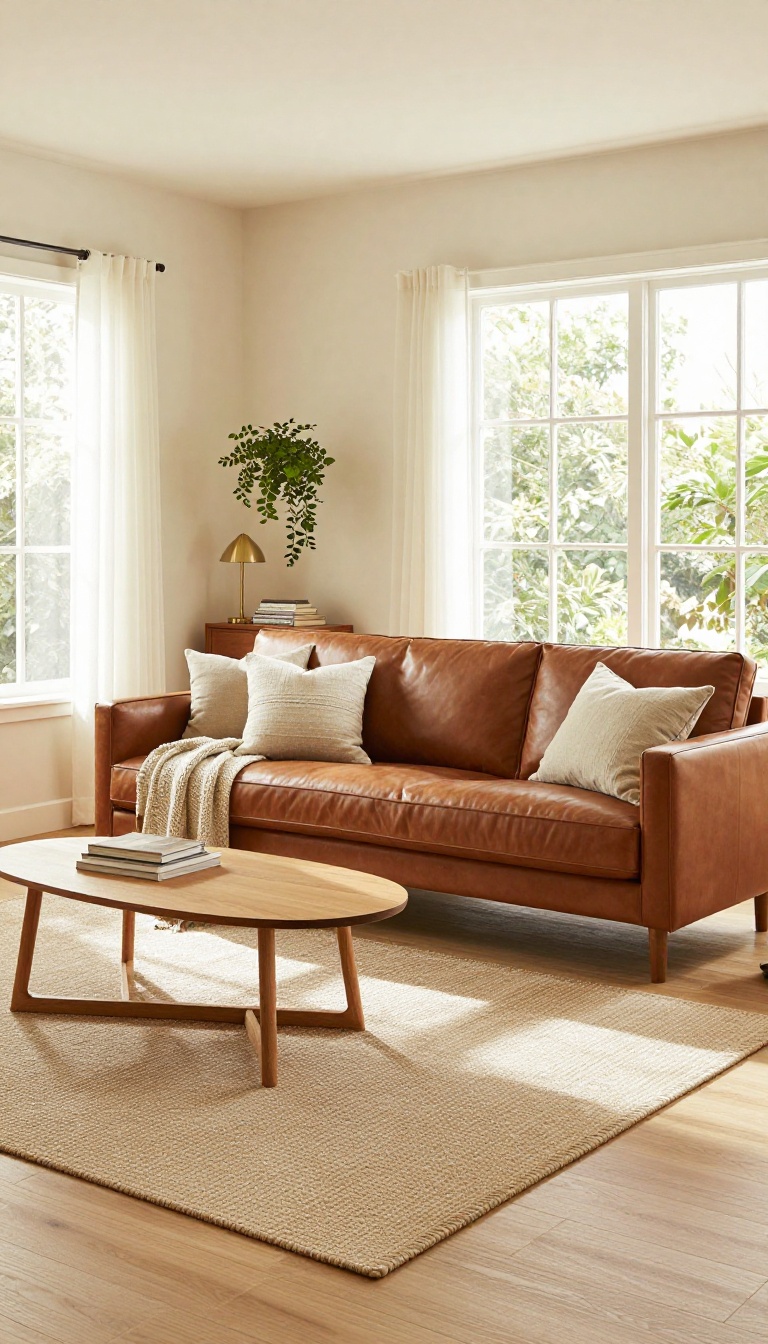 Leather couch floated away from the wall with a slim console table and lamp behind it in a bright, airy living room
