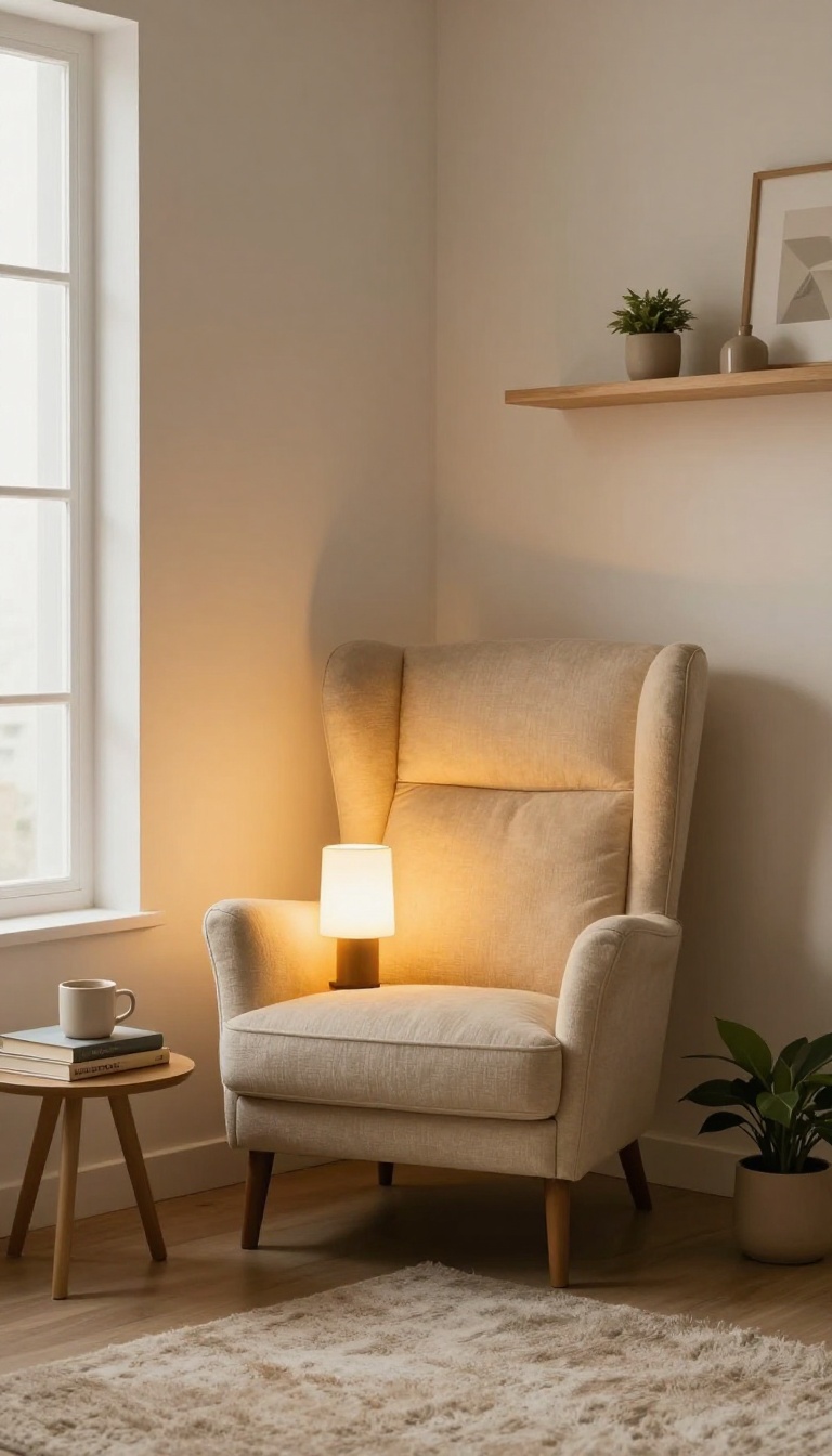 Cozy reading nook in a windowless basement bedroom with a wingback chair, floor lamp, side table with books and plant, and soft rug.