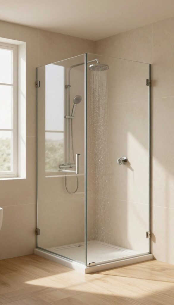 Modern bathroom with a walk-in shower featuring a single clear glass panel partial enclosure, no door, warm natural light, and minimalist design.