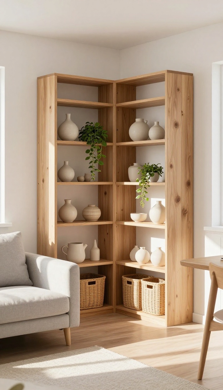 Open wooden shelving unit acting as a room divider between a sofa and dining area in a bright small living room