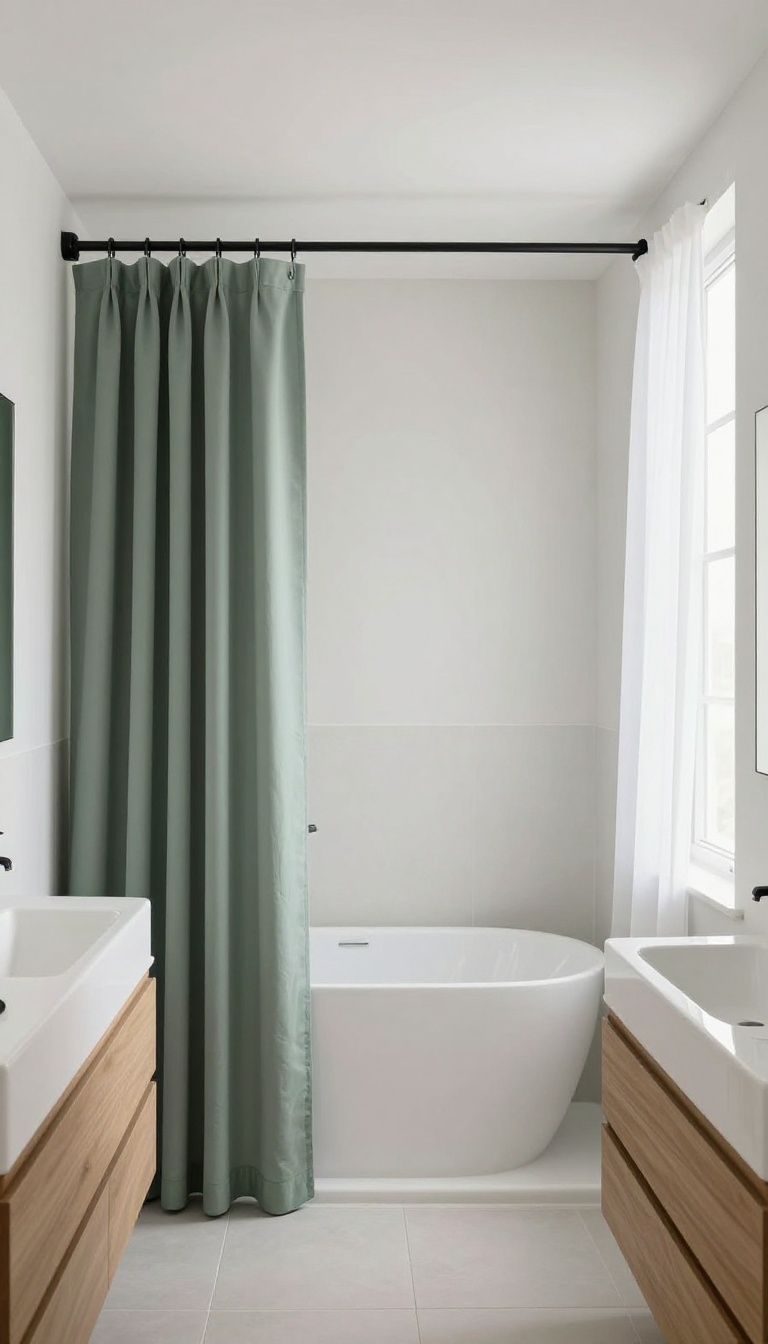 Minimalist bathroom with a ceiling-mounted curtain track and sage green fabric curtain, partially open to reveal a freestanding tub