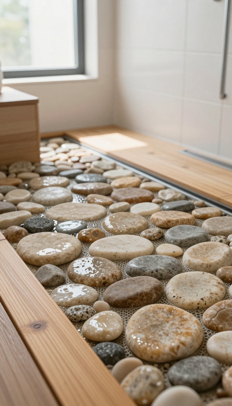Natural pebble stone shower floor with warm earthy tones and a teak duckboard in a bright modern bathroom
