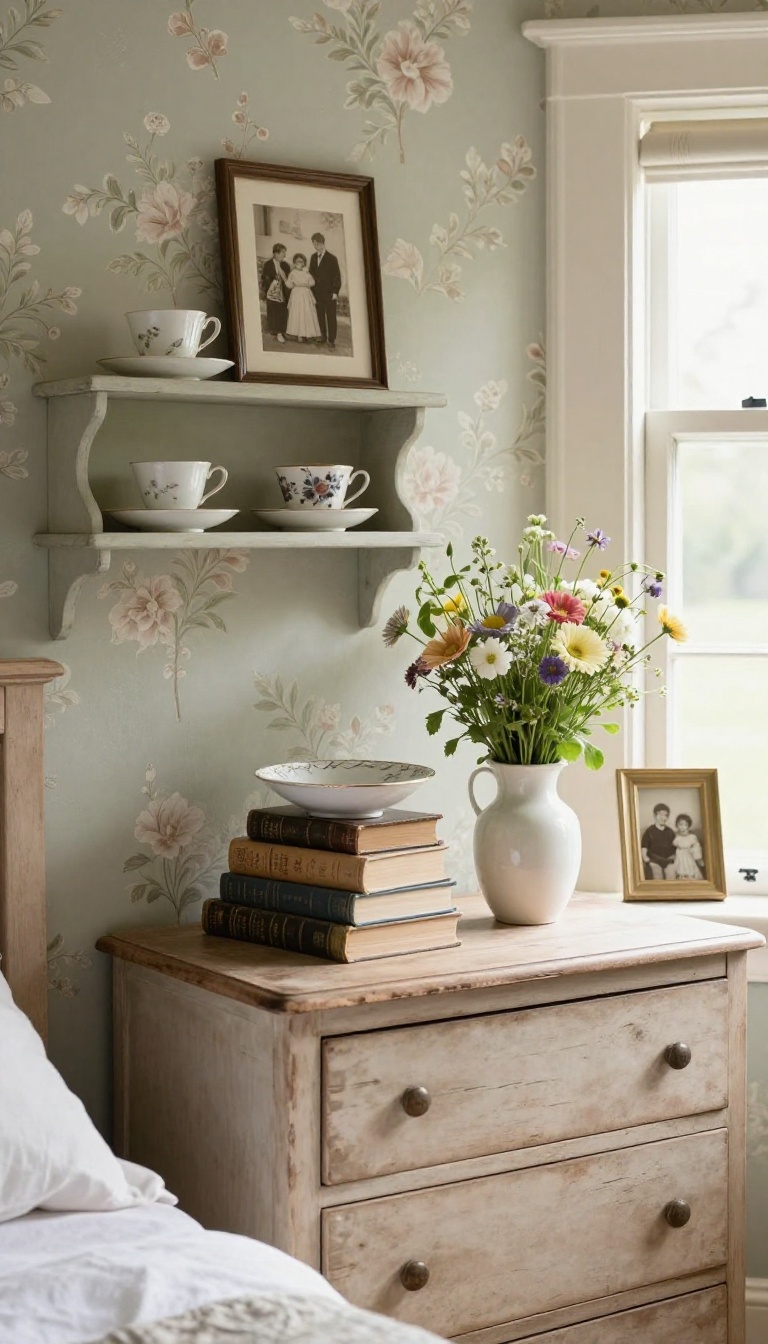 Cozy English cottage bedroom dresser and wall shelf displaying vintage teacups, old books, a trinket dish, fresh flowers, and a framed family photo in bright natural light