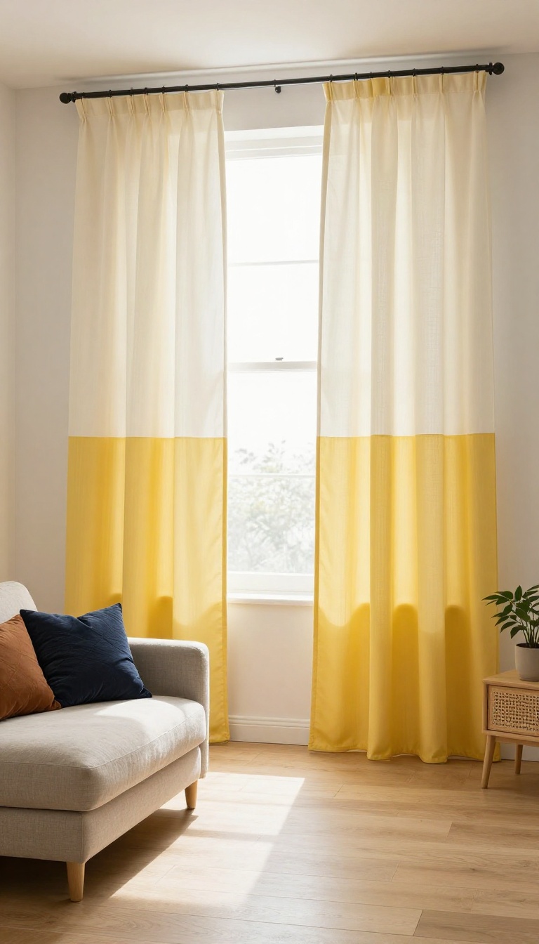 Living room window with cream and mustard color-blocked curtains split horizontally, styled with a neutral sofa and warm natural light