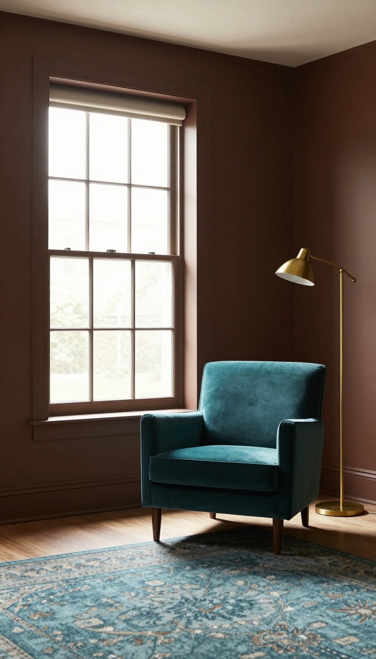 Cozy living room with deep chocolate brown walls and a teal velvet armchair in warm natural light