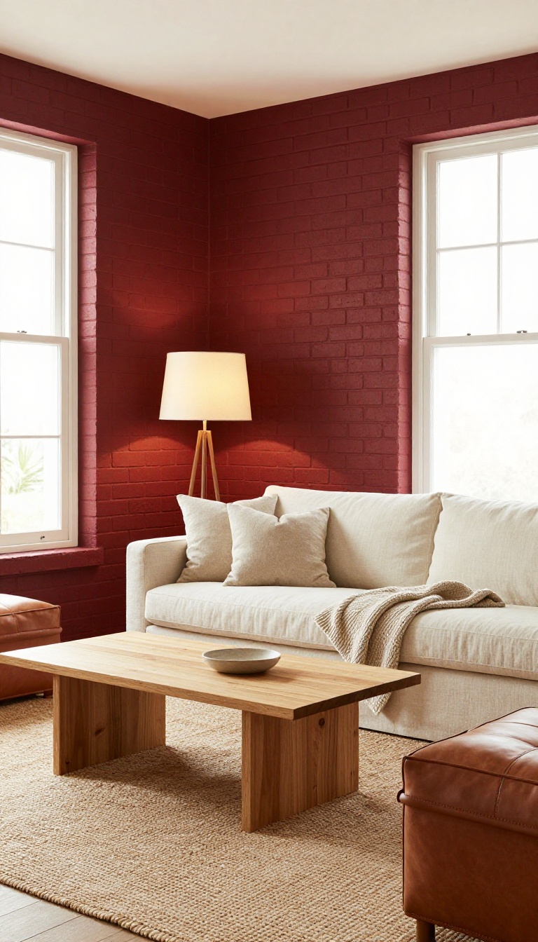 Living room with a deep brick red accent wall behind a cream sofa, wood coffee table, and warm lamp lighting