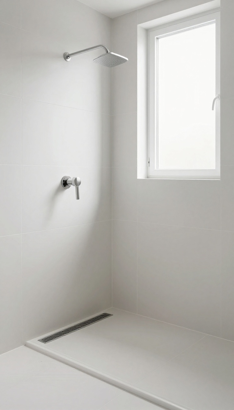 Modern curbless shower with a low-profile linear drain flush with the tiled floor
