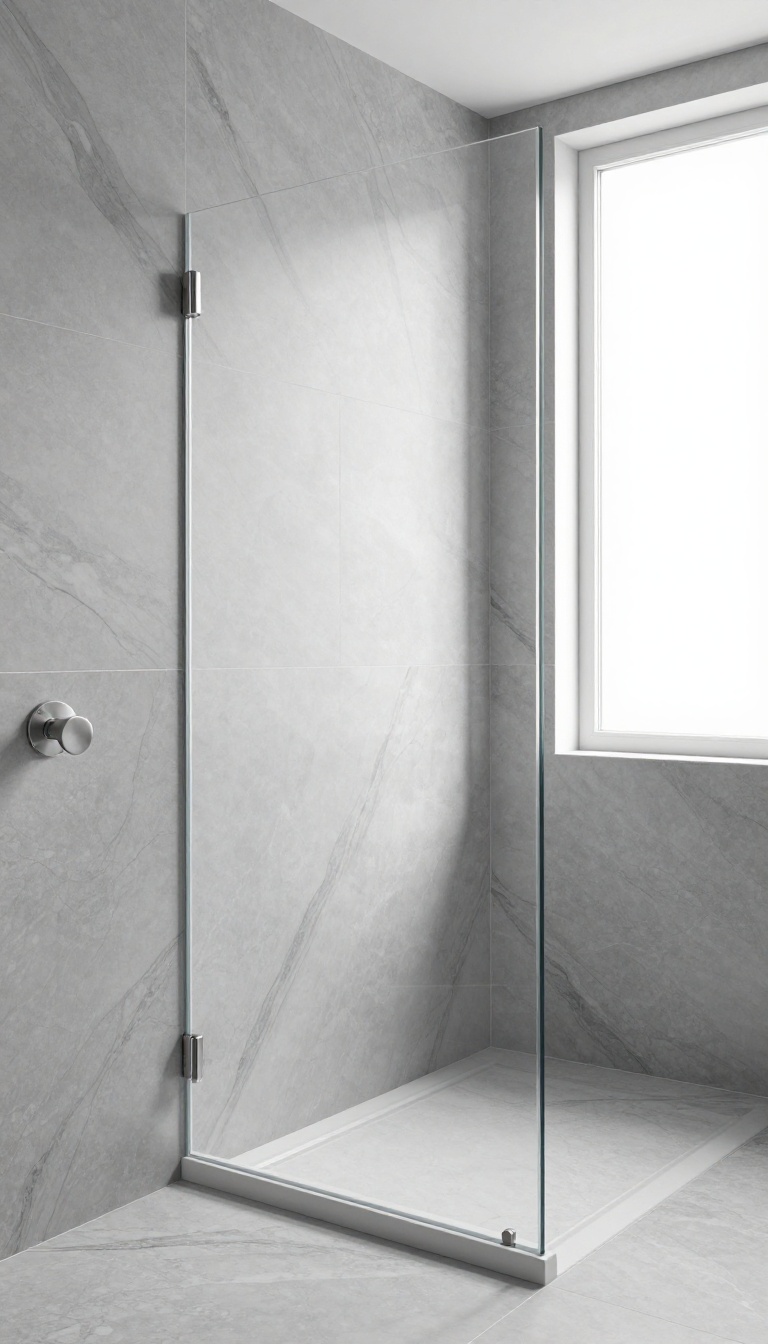 Gray marble-look porcelain shower tile with dramatic flowing veining and brushed nickel fixtures in a bright modern bathroom