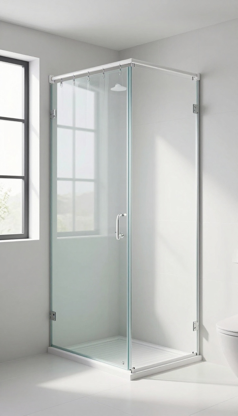 A magnetic shower curtain rod attached to a metal shower frame in a bright, modern bathroom.