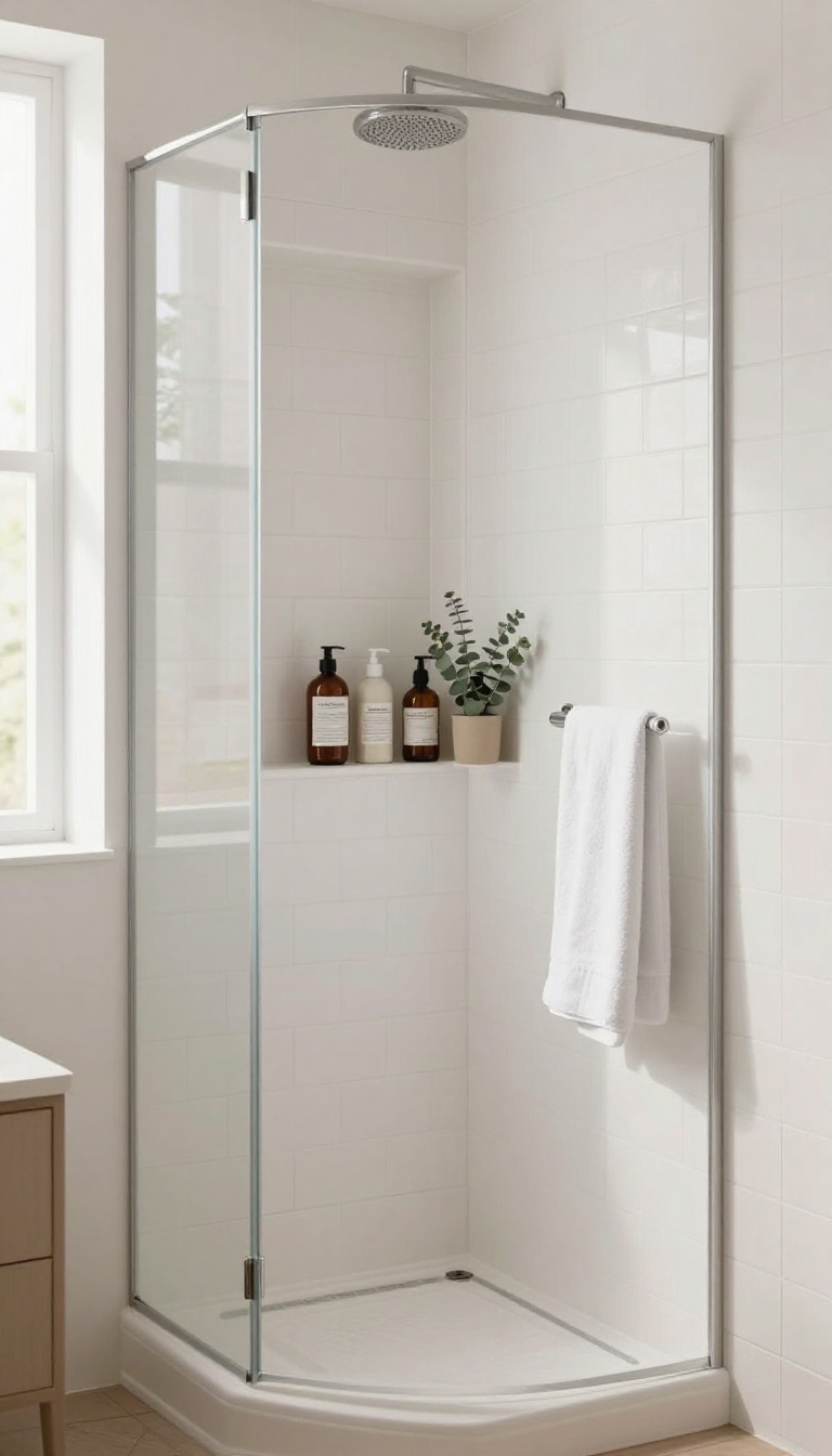 Recessed tile niche built into a bright modern shower wall holding neatly arranged shampoo bottles, tiled to match the surrounding white subway tile for a seamless custom look
