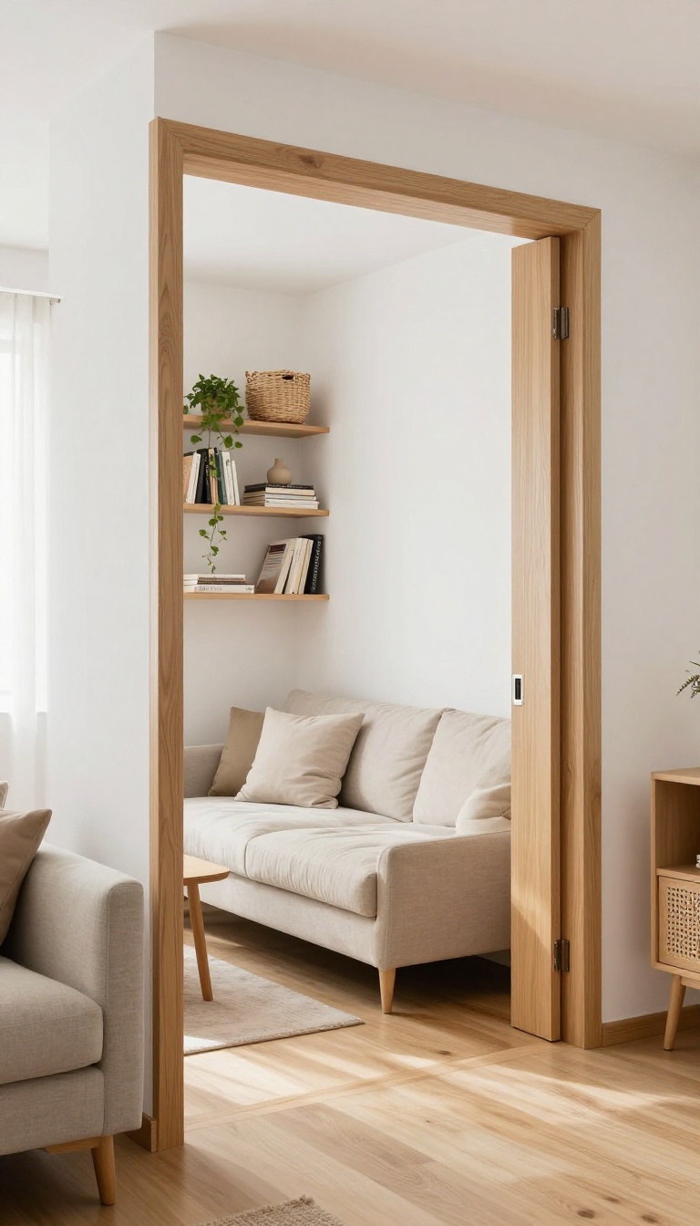 Bright small living room with a tall freestanding shelving room divider separating a sofa area from a dining nook, styled with books, baskets, and a plant