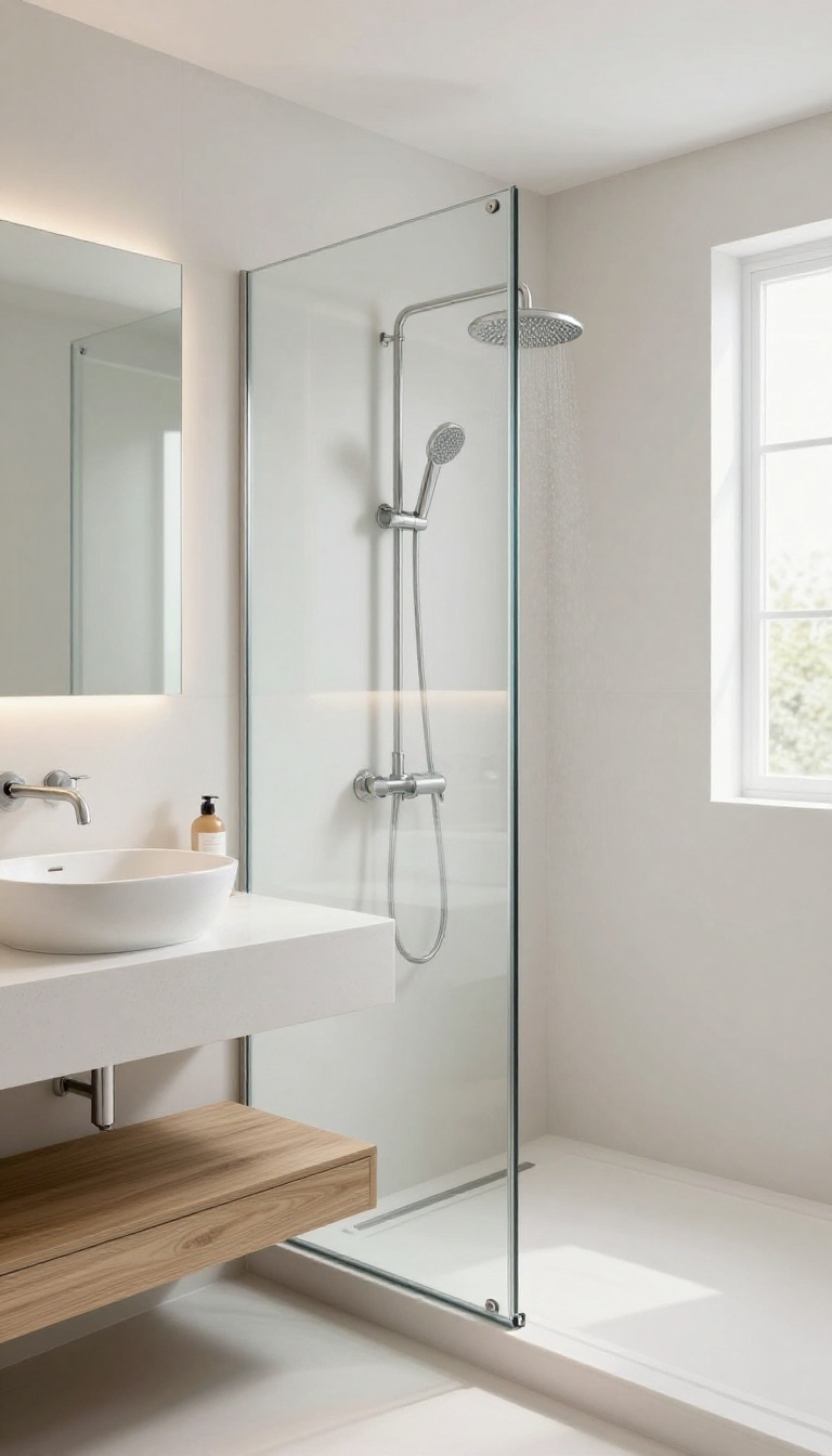 Modern bathroom with walk-in shower and floating vanity
