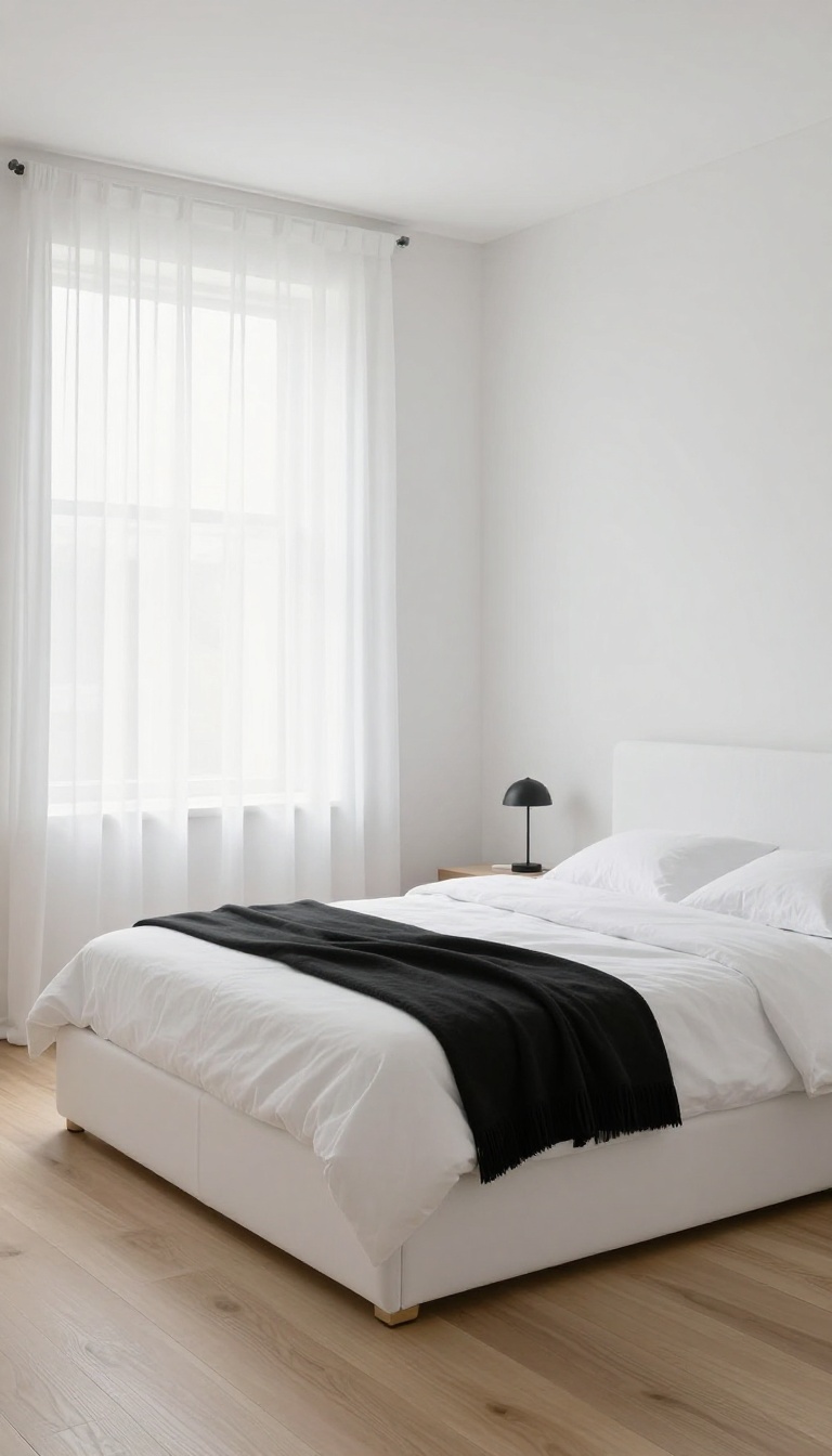 Bright minimalist bedroom with crisp white walls, white bedding, white curtains, and a black throw blanket at the foot of the bed for contrast