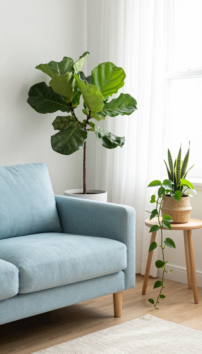 Light blue couch in a bright living room with a fiddle leaf fig, trailing pothos, and small potted plants in neutral ceramic pots