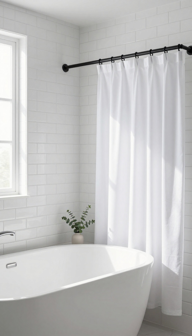 Modern bathroom with a matte black tension rod holding a white shower curtain, no visible hardware, bright natural light, minimalist decor
