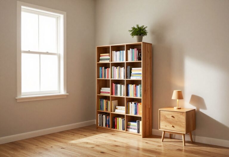 Cozy bedroom with a wooden bookshelf styled with books, a plant, and a lamp.