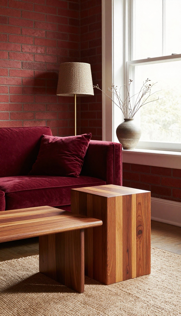 Warm red living room with a brick-red accent wall, walnut console, burgundy velvet sofa, and layered wood tones in natural light