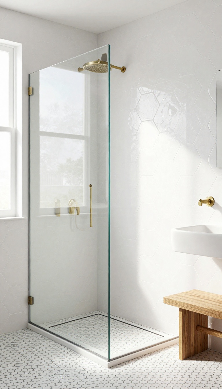 Modern shower with white hexagon mosaic tiles and dark grout, matte floor and glossy accent wall, bright natural light