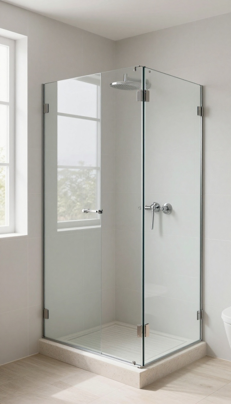 Frameless glass shower panel sitting on a low tiled knee wall with a slim stone cap in a bright modern bathroom