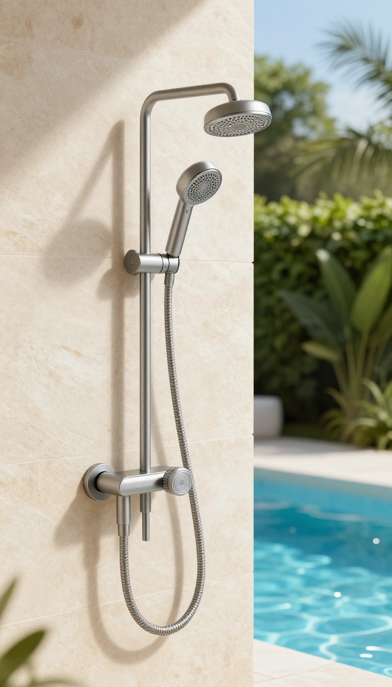 A handheld shower mounted on a stone wall beside a pool, with a flexible hose and nozzle, in bright natural light.
