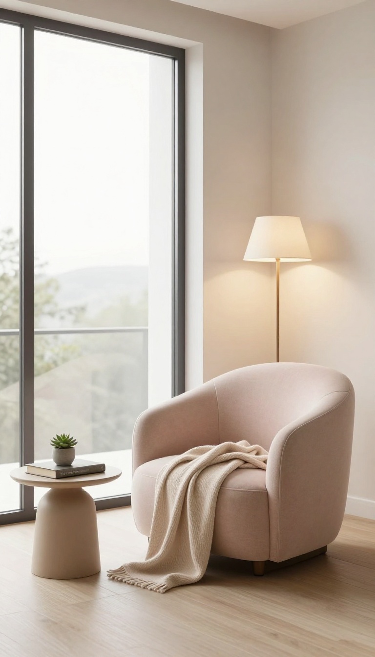 Cozy reading nook with a pastel armchair, side table, and floor lamp beside a large window in a bright modern room