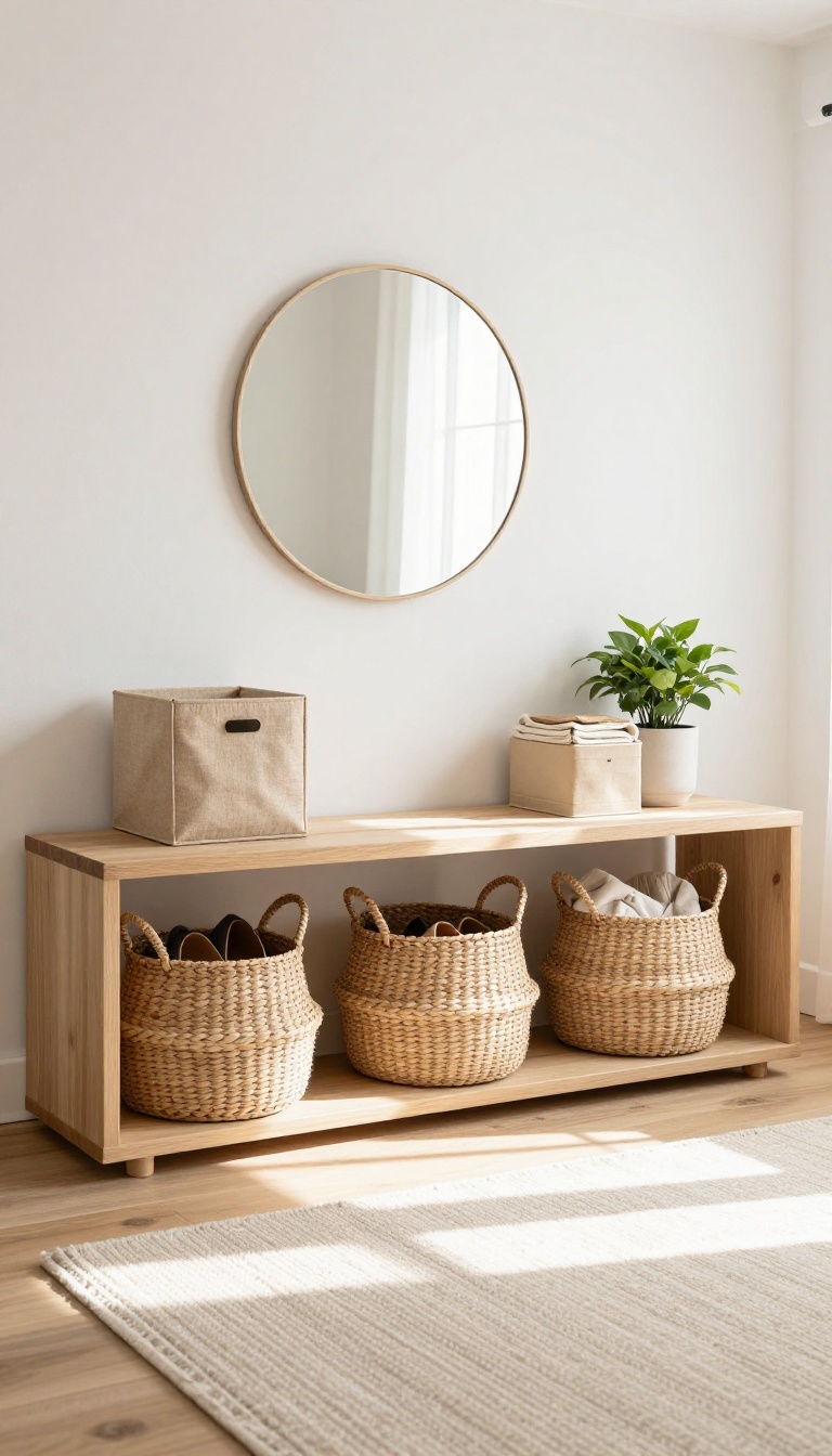 Bright entry living room with woven baskets tucked under a wooden bench and fabric storage bins on a slim console shelf, styled with a small plant and round mirror in natural light
