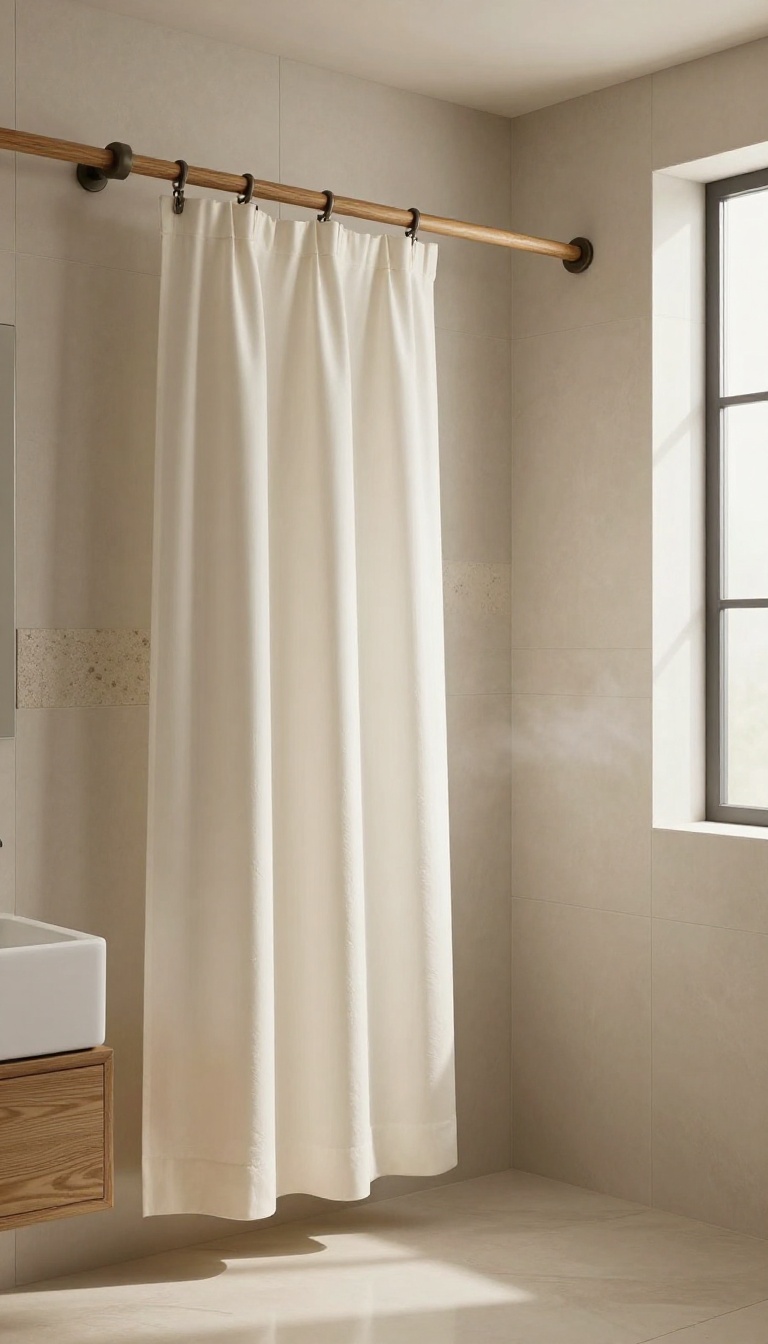 Bathroom with a wooden dowel rod shower curtain rod, natural wood texture, white curtain, spa-like atmosphere