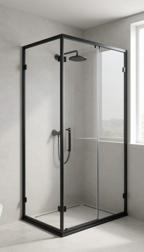 Modern bathroom with black-framed glass shower door and clear glass, bright natural light, polished design