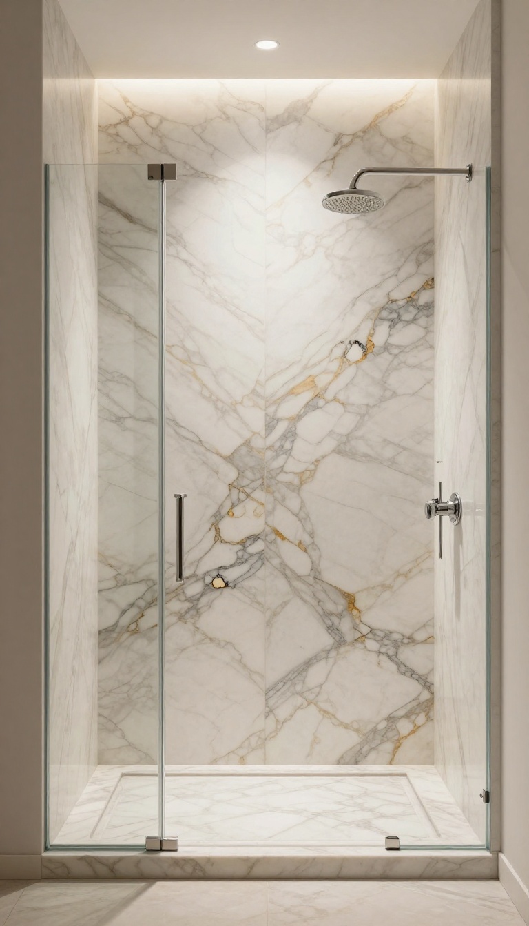 Walk-in shower with a floor-to-ceiling bookmatched marble focal wall, mirrored veining meeting at a centered seam, and a chrome rain showerhead in bright natural light.