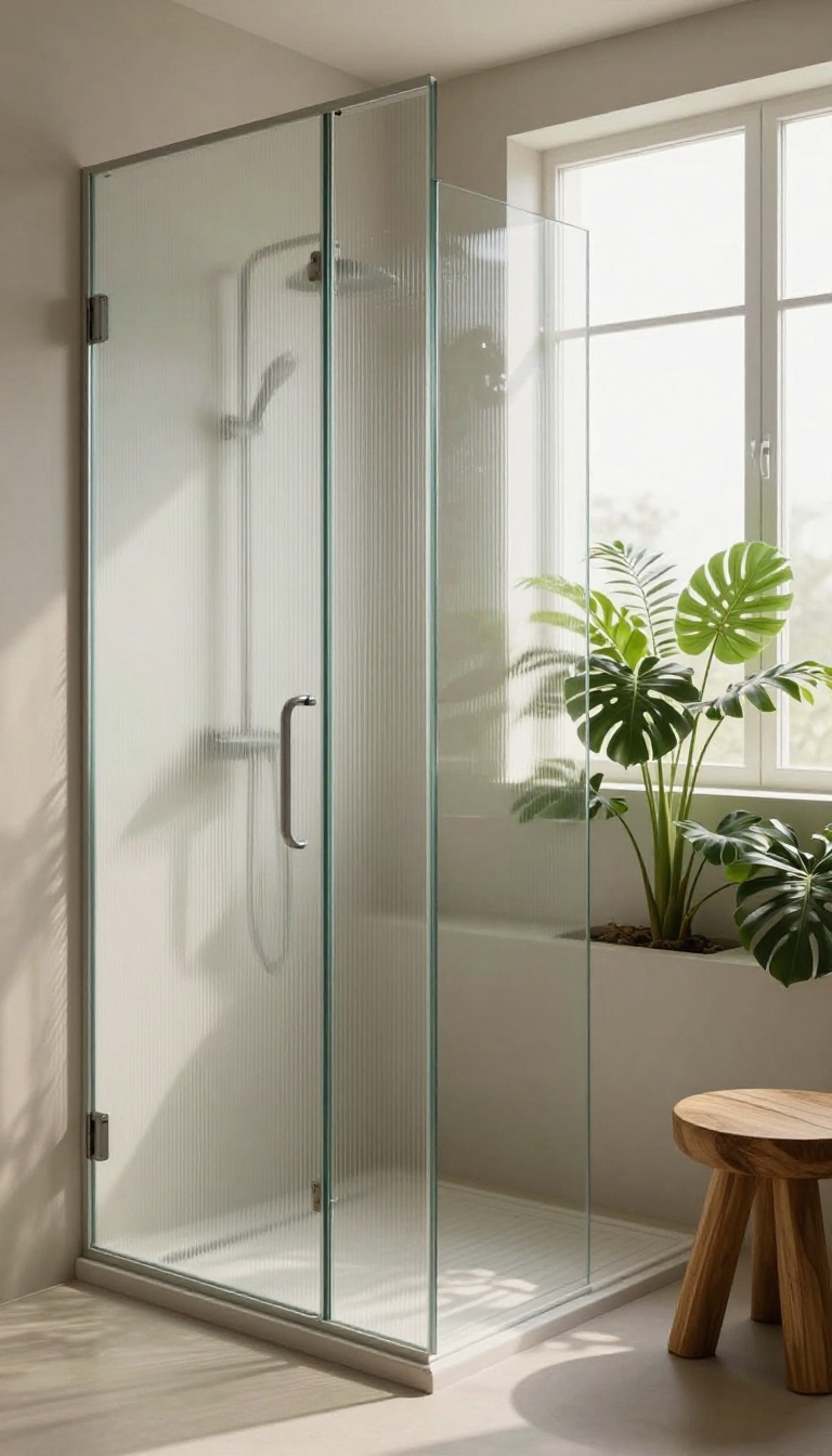 Modern bathroom with textured glass shower door, ribbed pattern, natural light, and spa-like ambiance.