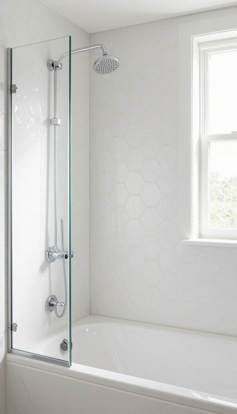 White hexagon tiles on a shower wall in a bright bathroom with a bathtub