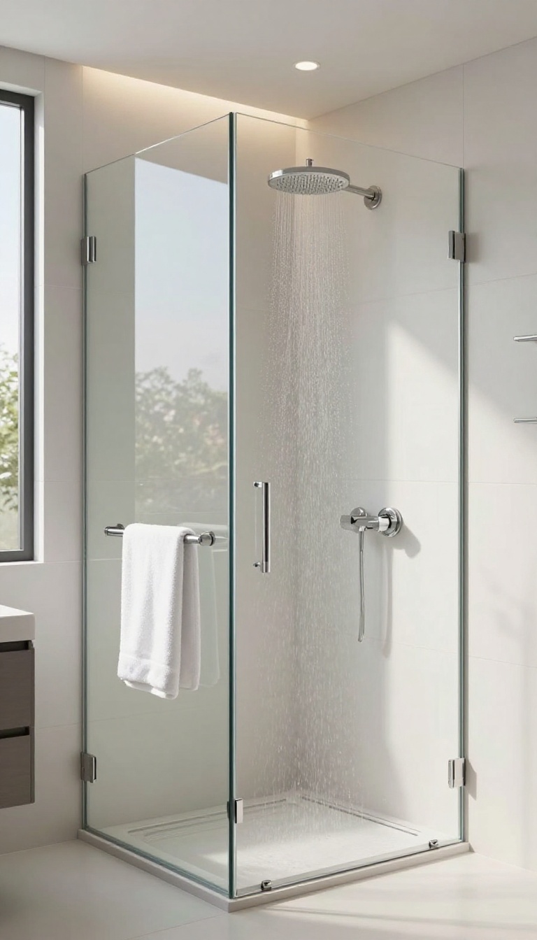 Modern bathroom with a clear, fog-free heated glass shower door in bright natural light