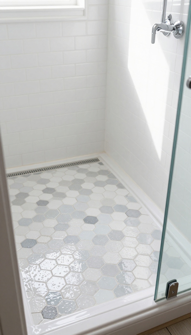 White and gray hexagon mosaic shower floor tiles with a subtle gradient effect, bright natural light, modern bathroom setting