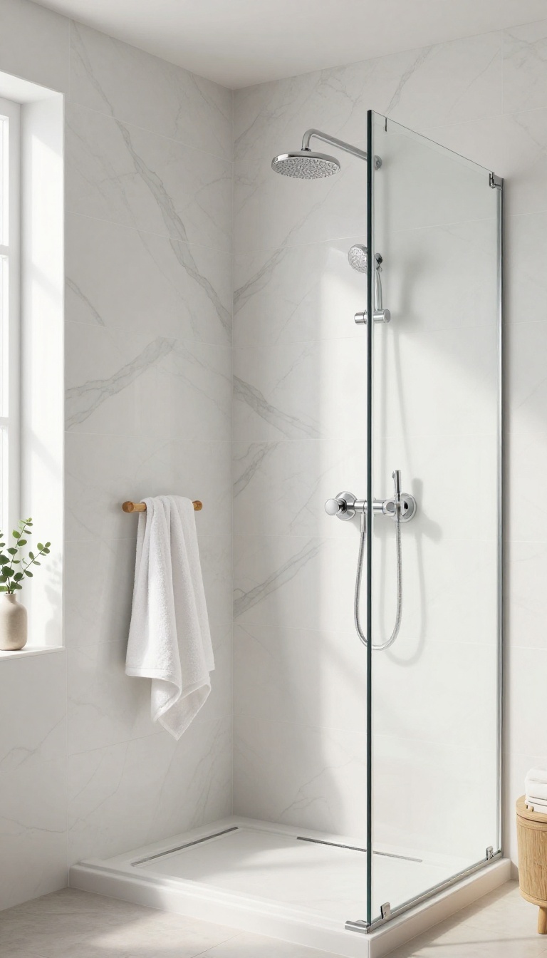 Bright shower wall with peel-and-stick marble-look tile and chrome fixtures in a modern bathroom