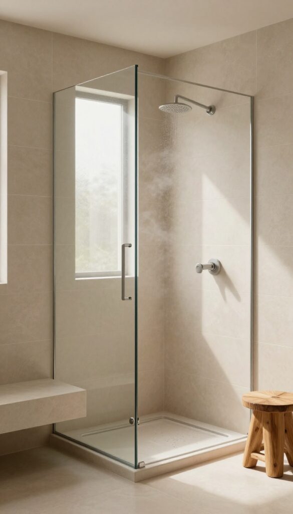 Modern walk-in shower with a built-in tiled bench, natural light, and a teak stool, showcasing a warm and inviting design.