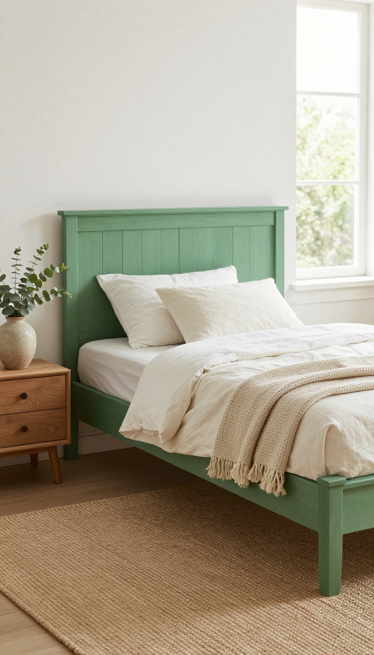 Two-tone green bed frame with a mint headboard and forest green base in a bright, naturally lit bedroom styled with white bedding and eucalyptus