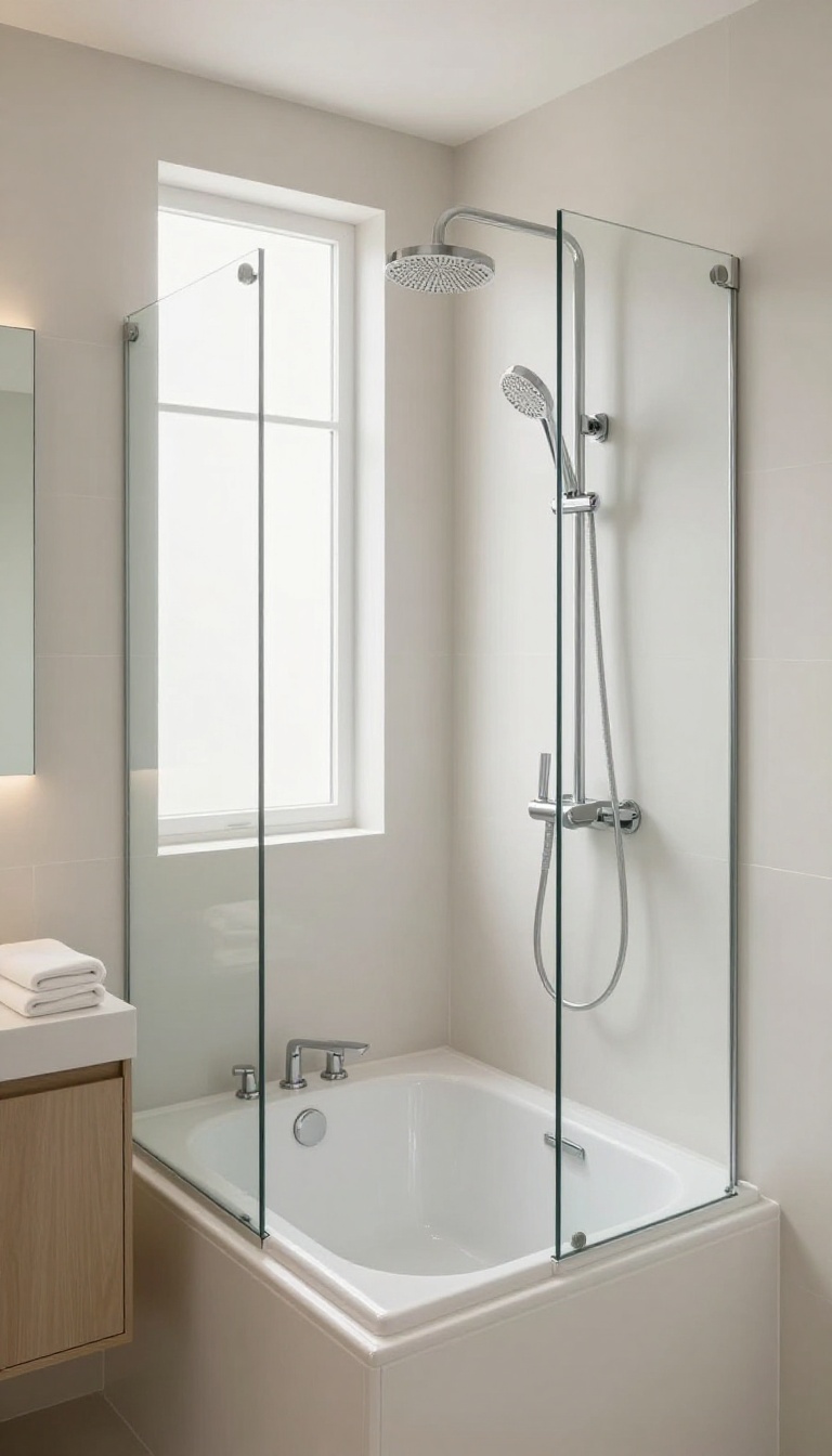 Deep soaking tub with shower combo in a small bathroom, featuring a frameless glass screen and bright natural light.