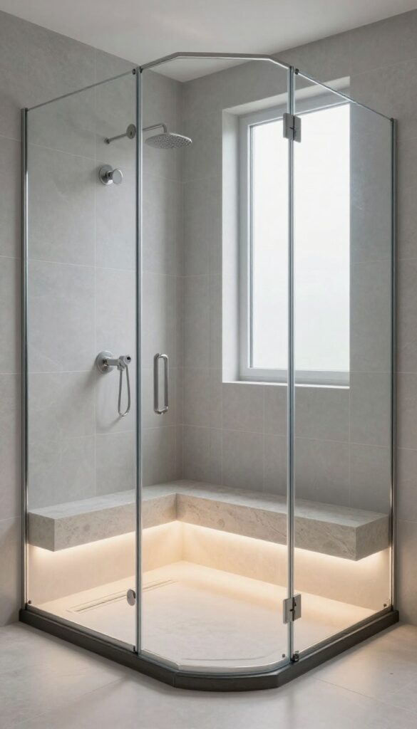 Modern shower with a built-in bench illuminated by a warm LED strip underneath, creating a soft floating glow.
