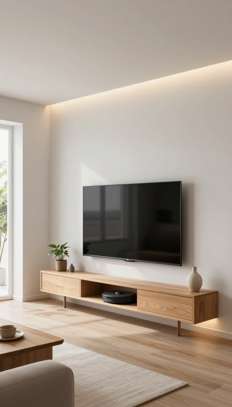Floating wood TV console with warm LED under-lighting in a bright modern living room