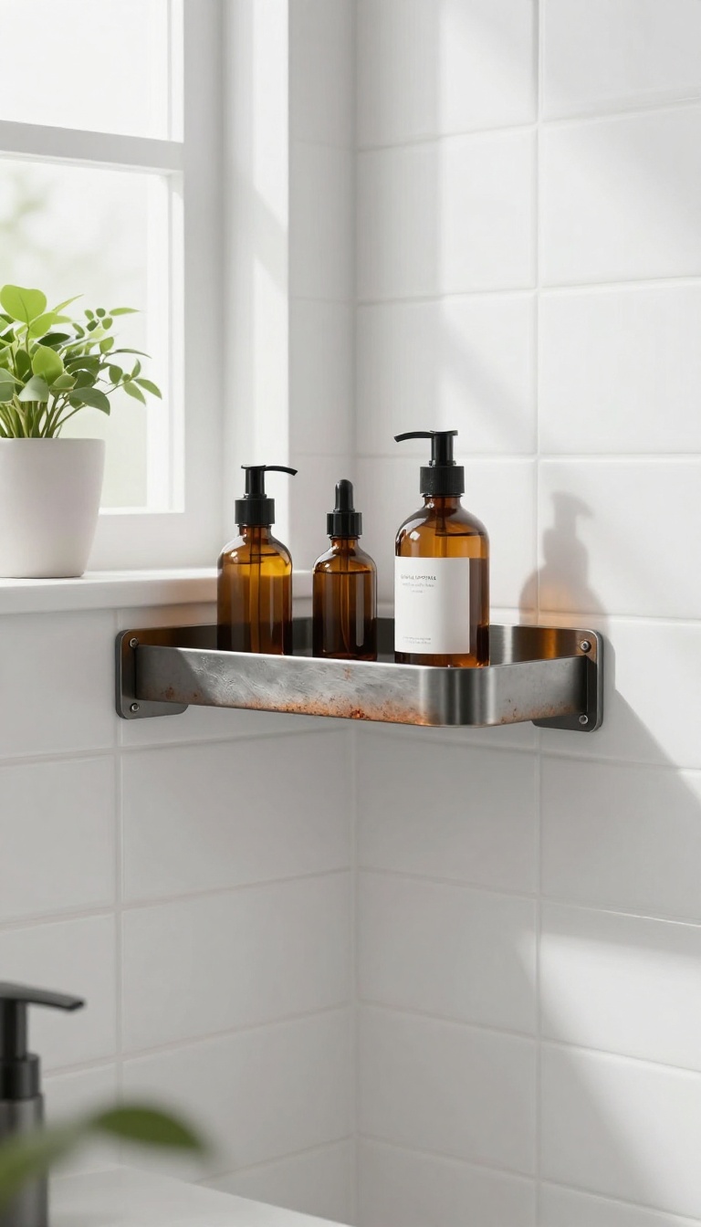 Modern shower with a rust-proof adhesive shelf holding shampoo bottles on white tile